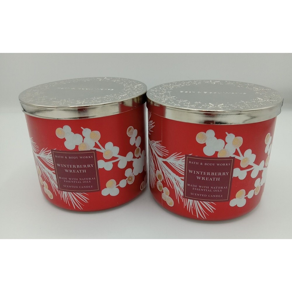LOT OF 2 BATH & BODY WORKS WINTERBERRY WREATH 3 WICK CANDLES 14.5 OZ
